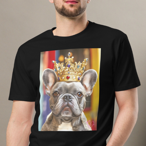 Male model wearing a t-shirt featuring a french bull dog with a royal crown.