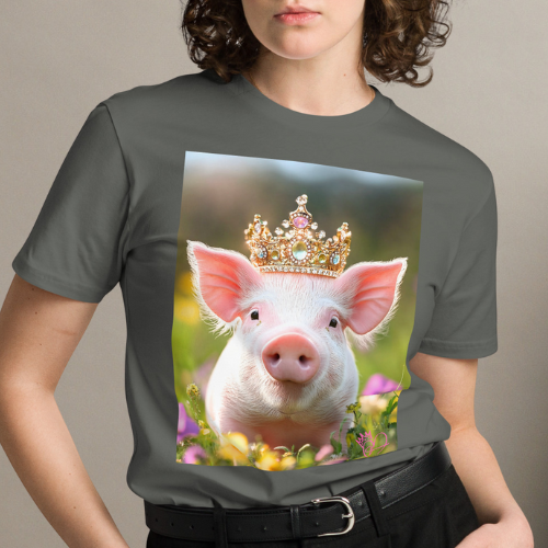 Female model wearing a t-shirt featuring a farm pig with a royal crown.